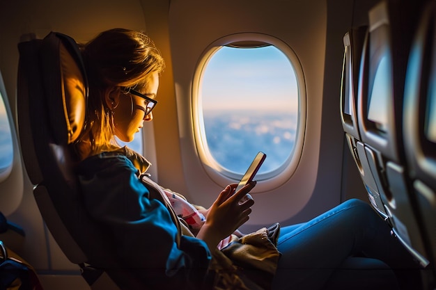 Young woman sitting with phone on the aircraft seat near the window during the flight in the airplan