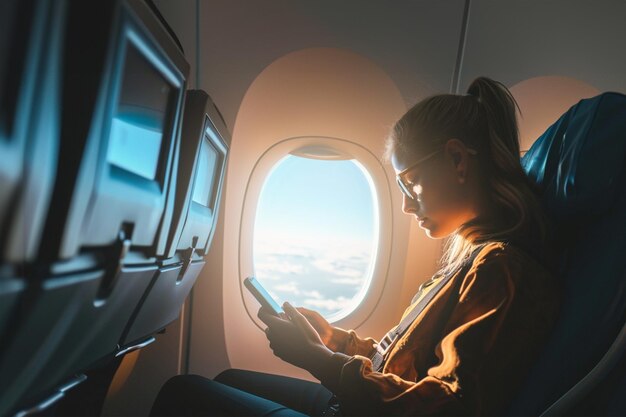 Young woman sitting with phone on the aircraft seat near the window during the flight in the airplan