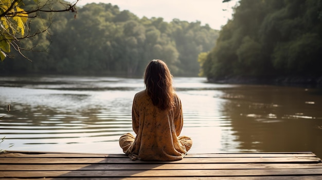 Young woman sitting on the wooden pier and looking at the river