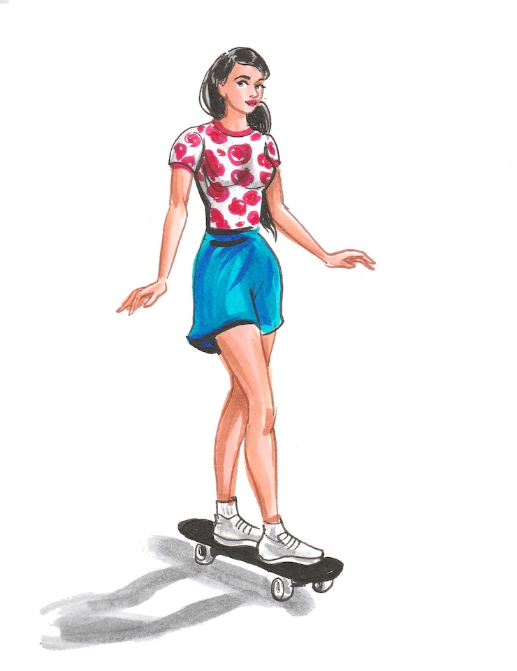 फोटो young woman on skateboard. ink and watercolor drawing