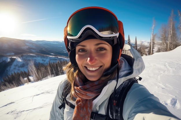 Young woman on ski glasses and snowboard equipment at the mountain doing activities