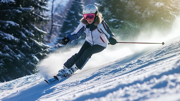 Молодая женщина катается на лыжах вниз по горе.