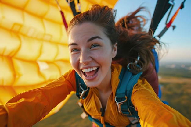 Young woman skydiving with a parachute in the air Extreme sportx9