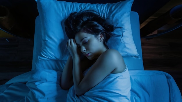 Young woman sleeping in a bed in a dark bedroom