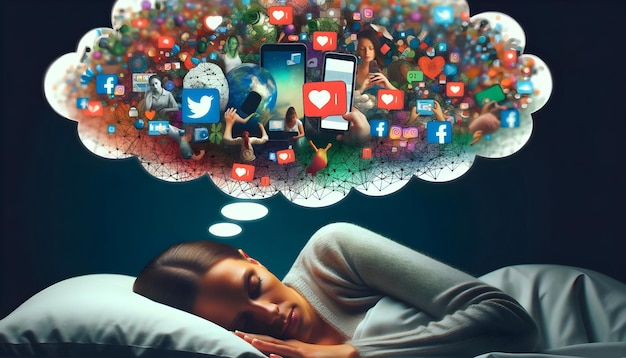 young woman sleeping in a bed and dreaming of a social media