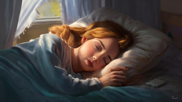 Молодая женщина спит в постели.