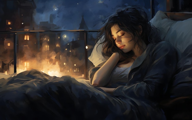 young woman sleeping on her bed digital painting