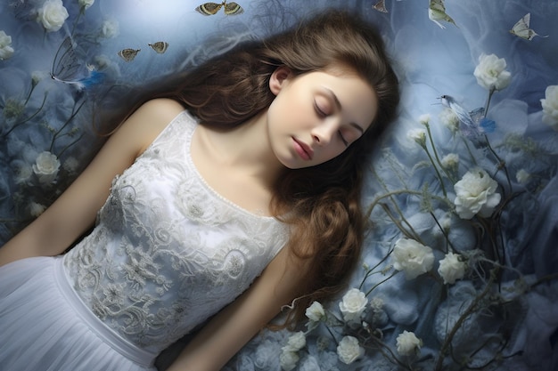 写真 白い枕で静かに眠っている若い女性