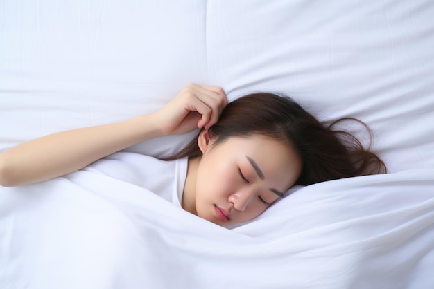 A young woman sleeping soundly under a white blanket