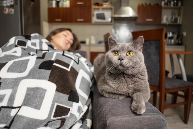 Foto giovane donna che dorme con il suo gatto, il gatto sta aspettando quando la ragazza si sveglia, il gatto è seduto vicino alla ragazza addormentata