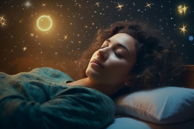 写真 片目を開け星空を背景にして眠っている若い女性