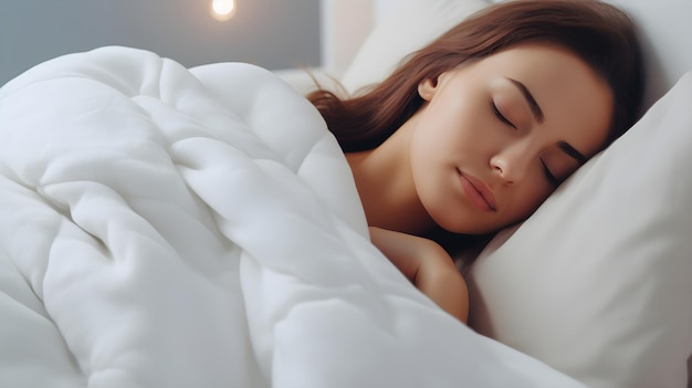 A young woman sleeps in a light bedroom