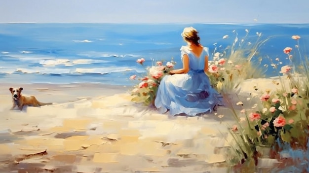 若い女性と小型犬は海の波、自然の風景、野生の花を眺めながらビーチの砂の上に座ります