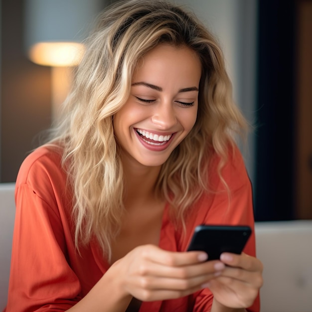 Young woman smile while sit in sofa