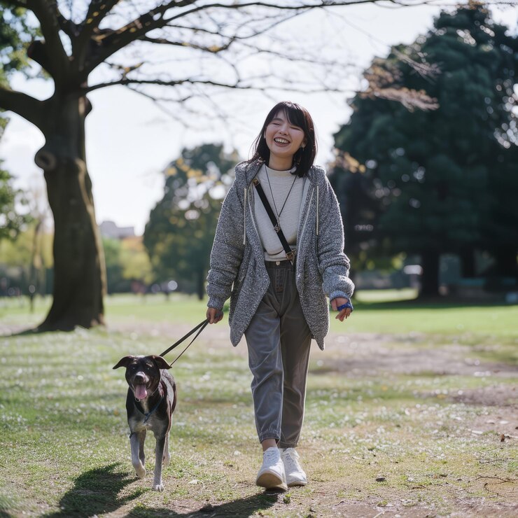 Photo 晴れた日に公園で犬を散歩させる若い女性が微笑んでいる