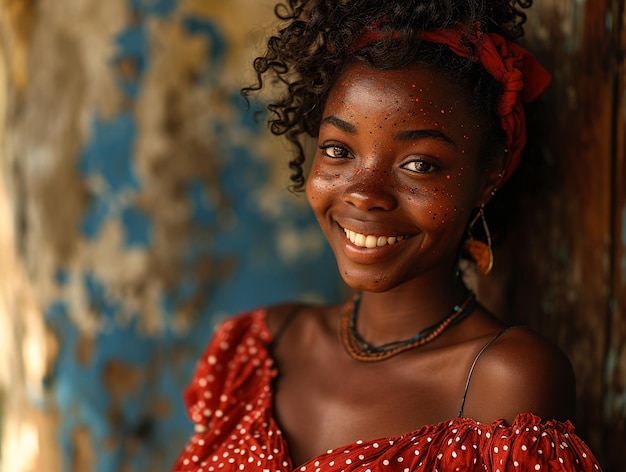 Photo a young woman smiles for the camera with a smile on her face