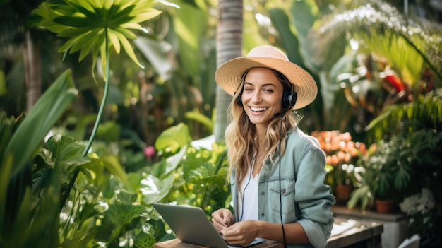 Young woman smiles while she works on her laptop amongst the green zone in the office Created with Generative AI technology