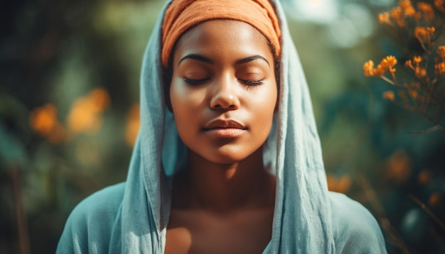 Young woman smiling in autumn nature portrait generated by AI