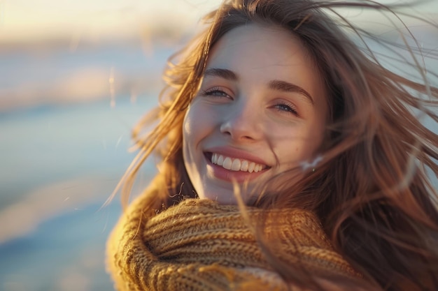 Young woman smiling on beach with hair in wind