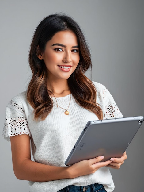 Young woman smiling at camera holding a tablet