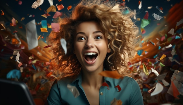 Photo young woman smiling celebrating with confetti at party generated by ai