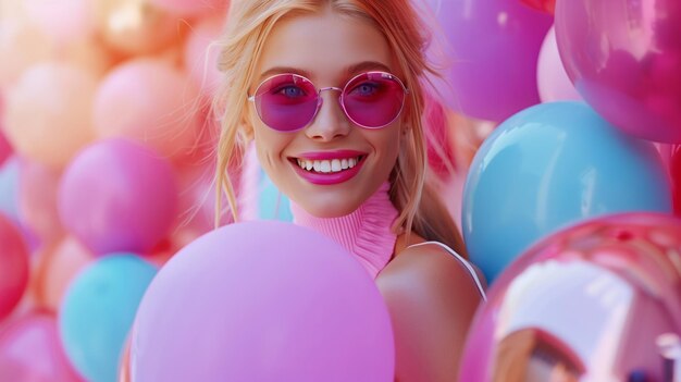Young woman smiling among colorful balloons wearing pink sunglasses