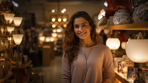 Молодая женщина уверенно улыбается, глядя в камеру в магазине керамики