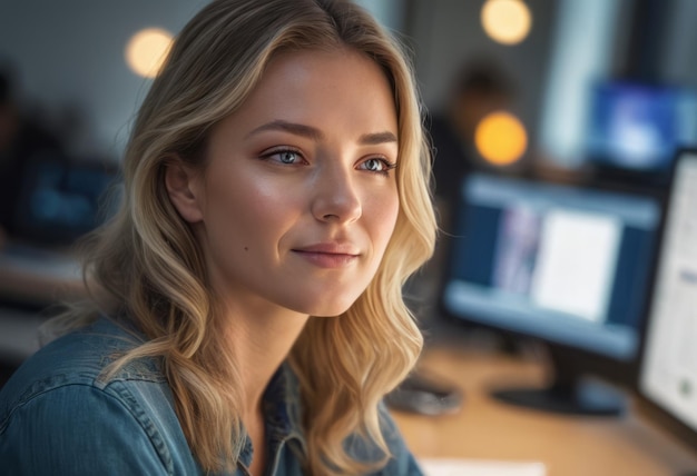 A young woman smiling gently while sitting at an office desk