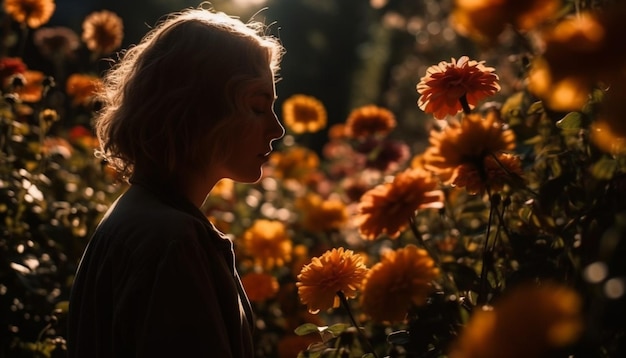 Young woman smiling holding bouquet of flowers generated by AI