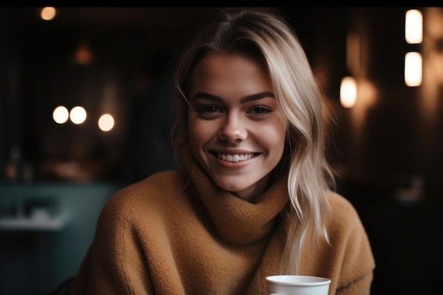 생성 AI로 만든 커피 한 잔을 들고 웃고 있는 젊은 여성