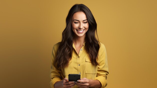 Young woman smiling and holding her smartphone on a colored background