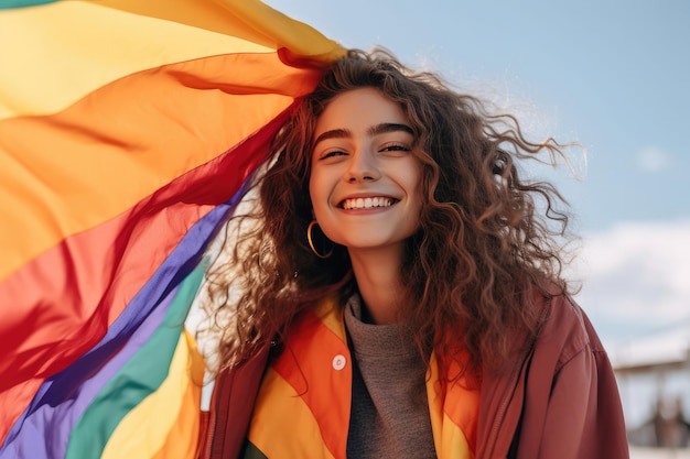 Young woman smiling and holding LGBTQ pride rainbow flag