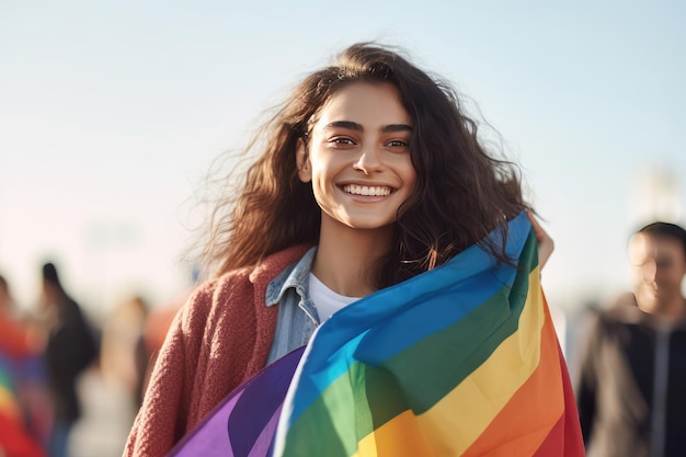 LGBTQ プライドの虹色の旗を持って笑顔の若い女性