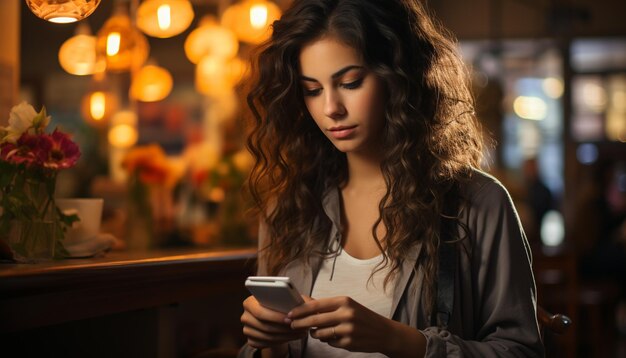 Young woman smiling, holding a smartphone, texting indoors at night generated by artificial intelligence