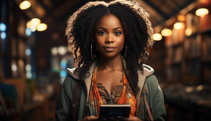 फोटो young woman smiling looking at camera outdoors in the city generated by artificial intelligence
