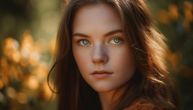 Young woman smiling looking at camera outdoors generated by AI