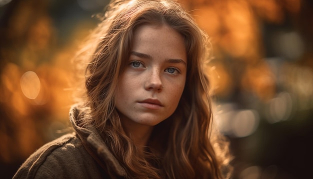 Young woman smiling looking at camera outdoors generated by AI