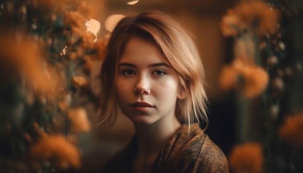 Young woman smiling looking at camera outdoors generated by AI