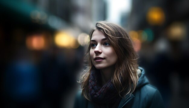 Young woman smiling looking at camera outdoors generated by AI