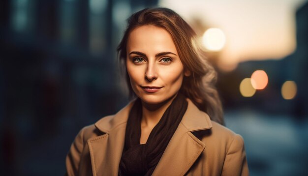 Young woman smiling looking at camera outdoors generated by AI