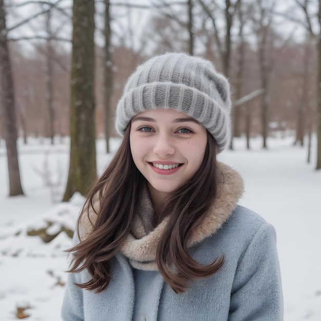 사진 야외에서 웃는 젊은 여성이 겨울에 자연의 아름다움을 즐기고 있습니다.