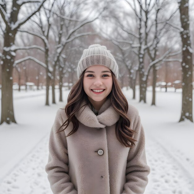 Young woman smiling outdoors enjoying nature beauty in winter