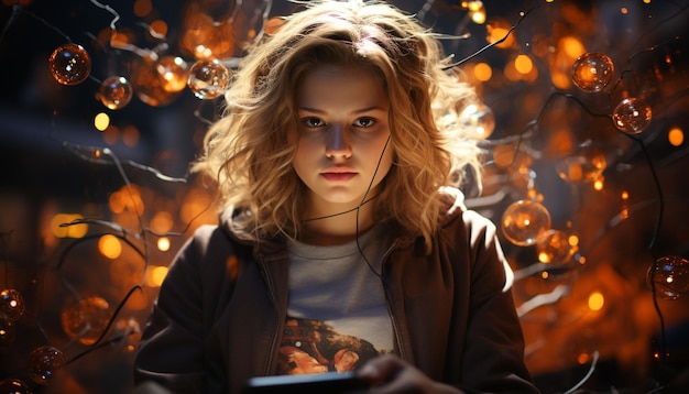 Photo a young woman smiling outdoors illuminated by christmas lights at night generated by artificial intelligence