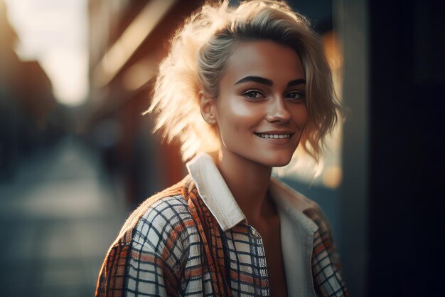 Young woman smiling at street Cute happy face in morning light Generate Ai