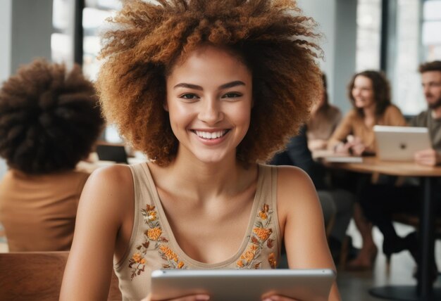 Photo young woman smiling using a tablet in a cozy cafe shes surrounded by people and a relaxed atmosphere