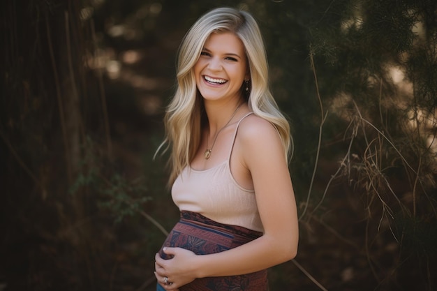 A young woman smiling while holding her stomach created with generative ai