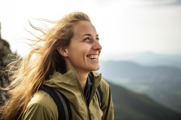 생성 AI로 생성된 산 정상에서 경치를 바라보며 웃고 있는 젊은 여성
