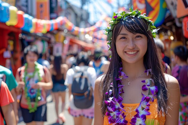 色とりどりの装飾で晴れた屋外フェスティバルで花の花束を持って笑顔の若い女性