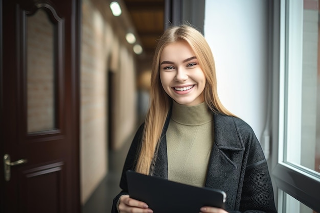 A young woman smiling at you while holding a digital tablet created with generative ai
