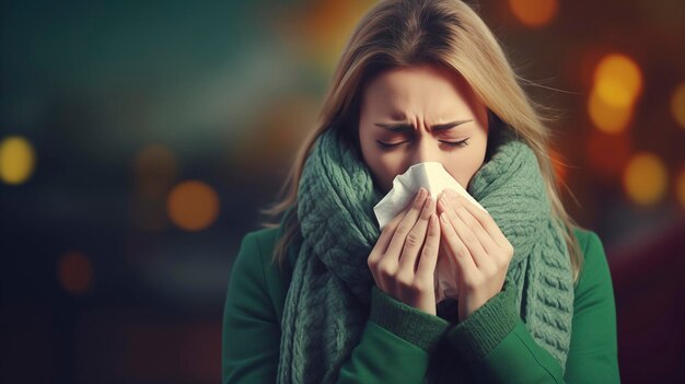 A young woman sneezes into a napkin on a blurred background Cold season